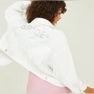 Altar'd State White Bride Jean Jacket with Sequins and Fringe